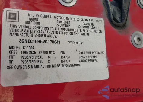 1997 Chevrolet Suburban 1500 from USA, damaged, VIN 3GNEC16R6VG170043